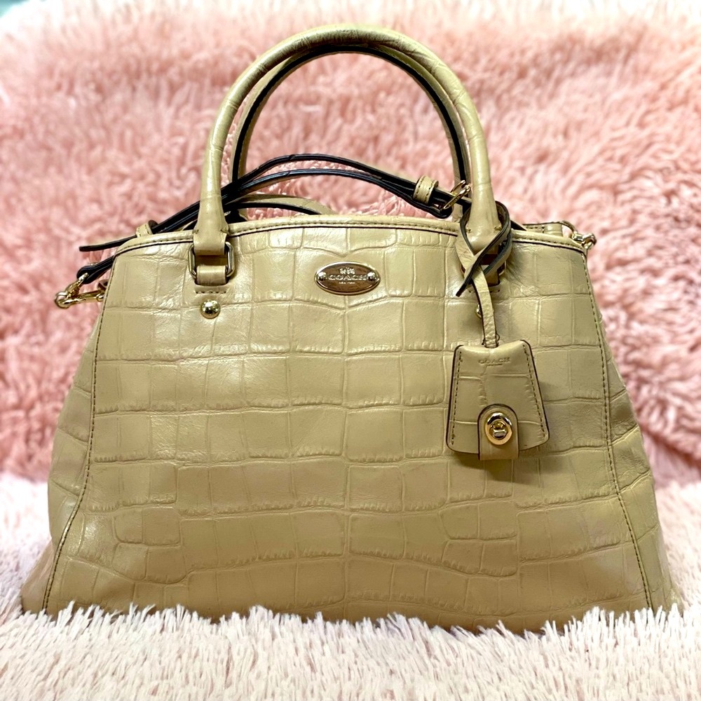 Coach purse bag Margot Embossed Crocodile Genuine Leather Tan and Gold